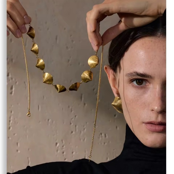 Gold Textured Bead Statement Necklace & Earring Set – Stainless Steel - Picture 3 of 17